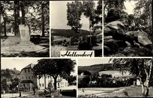 Ak Hellendorf Bad Gottleuba in Sachsen, Denkmal, Gasthaus, Wanderweg