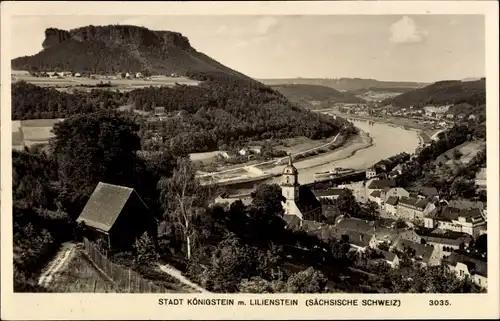 Ak Königstein an der Elbe Sächsische Schweiz, Stadt, Panorama mit Lilienstein