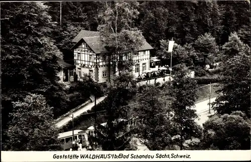 Ak Bad Schandau Sächsische Schweiz, Gaststätte Waldhäusl, Gartenterrasse, Tram