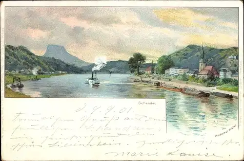 Künstler Litho Müller, Waldemar, Bad Schandau an der Elbe, Flusspartie, Ortsansicht, Kirche