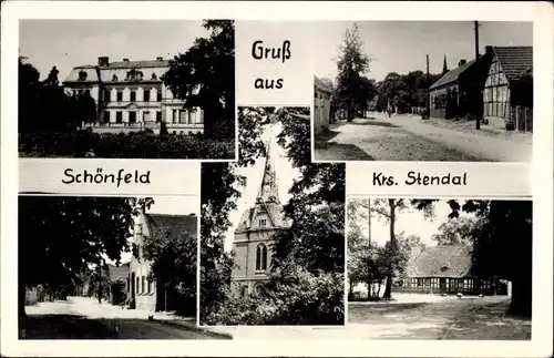 Foto Ak Schönfeld Steinfeld Bismark in der Altmark, Teilansichten, Kirche, Straßenpartie