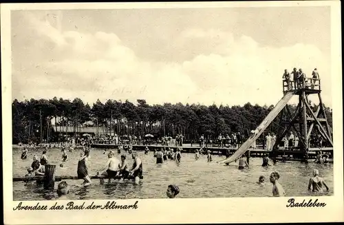 Ak Arendsee in der Altmark, Schwimmbad, Badeleben, Wasserrutsche
