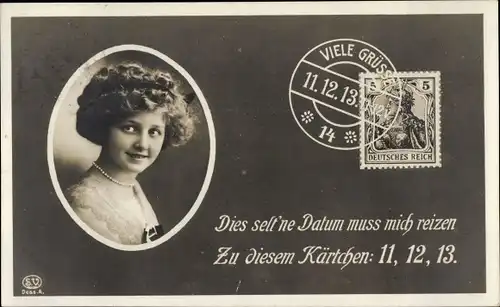 Briefmarken Ak Besonderes Datum 11. 12. 13, Frauenportrait