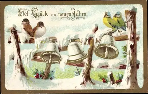 Litho Glückwunsch Neujahr, Glocken und Vögel auf einem Zaun