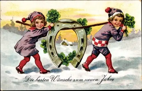 Ak Glückwunsch Neujahr, Kinder mit Hufeisen und Kleeblättern