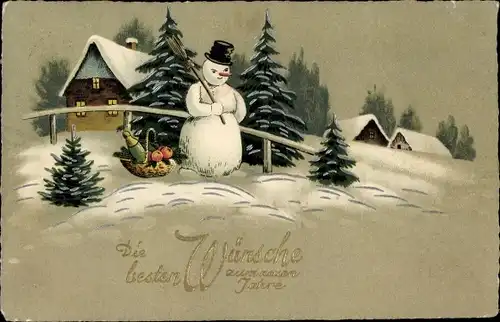 Ak Glückwunsch Neujahr, Winterlandschaft mit Schneemann
