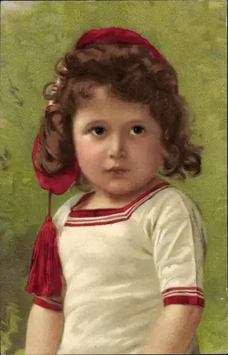 Ak Portrait von einem Kind mit brauen Locken, rote Mütze