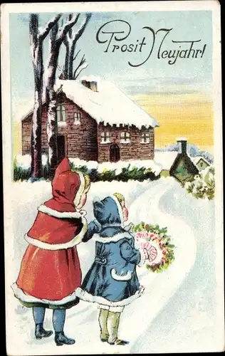 Ak Glückwunsch Neujahr, Kinder in Wintermänteln mit Blumenstrauß