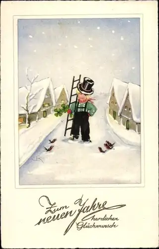 Künstler Ak Glückwunsch Neujahr, Winterlandschaft mit Schornsteinfeger