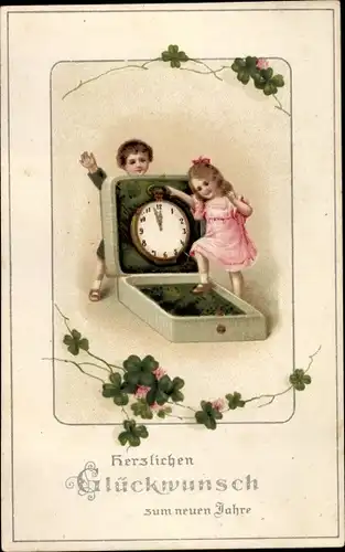 Ak Glückwunsch Neujahr, Kinder, Taschenuhr, Glücksklee