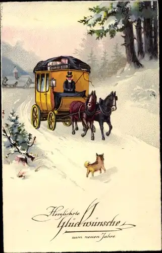 Ak Glückwunsch Neujahr, Winterlandschaft mit Postkutsche