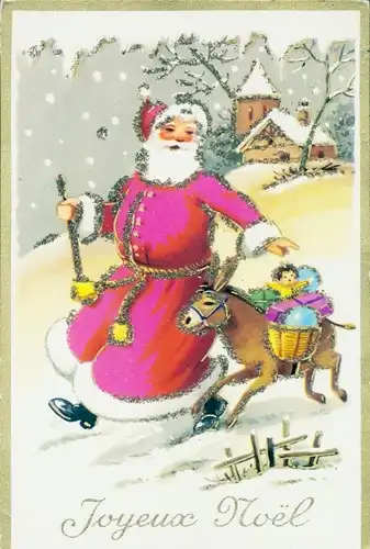 Glitzer Ak Glückwunsch Weihnachten, Weihnachtsmann mit Esel, Geschenke