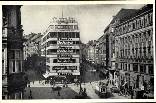 Ak Brno Brünn Südmähren, Krapfen - und Johannesgasse, Straßenbahn, Geschäftshaus, Reklame