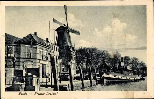 Ak Gouda Südholland Niederlande, Nieuwe Veerstal, Windmühle, Dampfer