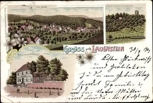 Litho Lauenstein Salzhemmendorf in Niedersachsen, Gastwirtschaft, Burggruine, Totalansicht