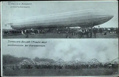 Ak Leinfelden Echterdingen auf den Fildern, Zeppelins Ankunft, nach der Explosion