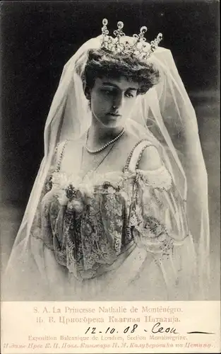 Ak Prinzessin Nathalie von Montenegro, Portrait im Hochzeitskleid