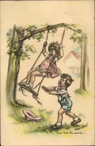Künstler Ak Bouret, Germaine, Tiens bon la rampe, Mädchen auf einer Schaukel