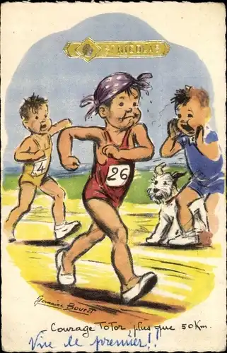 Künstler Ak Bouret, Germaine, Plus que 50 km, Kinder bei einem Wettlauf