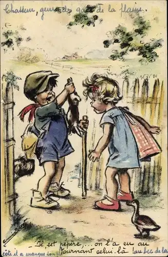Künstler Ak Bouret, Germaine, Junge mit Hasen, Mädchen, Ente, Hund