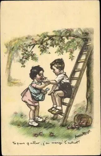 Künstler Ak Bouret, Germaine, Kinder bei der Apfelernte