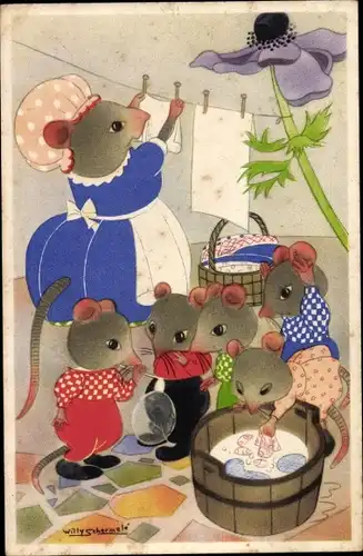 Künstler Ak Mäuse-Familie, Mutter hängt Wäsche auf, Seifenblasen, Waschwanne