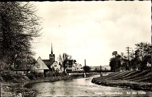 Ak Untermhaus Gera in Thüringen, Partie an der Elster, Brücke, Turm