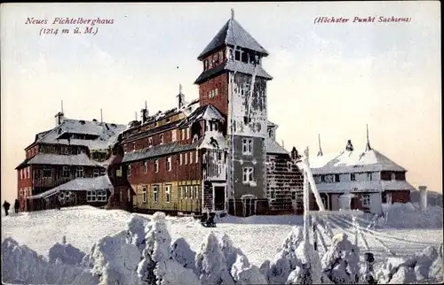 Ak Oberwiesenthal im Erzgebirge, Neues Fichtelberghaus, Schnee, Winter