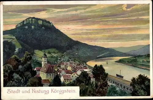 Künstler Ak Königstein an der Elbe Sächsische Schweiz, Stadt und Festung