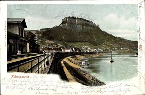 Ak Königstein an der Elbe Sächsische Schweiz, Uferpartie, Festung