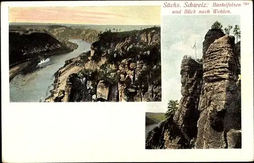 Ak Wehlen an der Elbe Sachsen, Basteifelsen, Blick auf Ortschaft