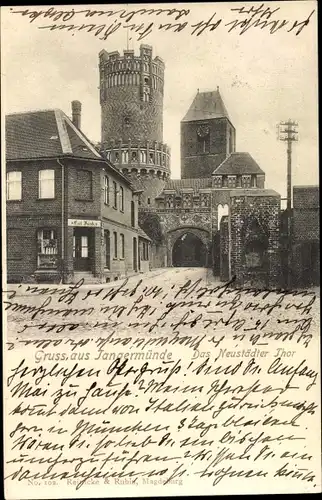 Ak Tangermünde an der Elbe, Das Neustädter Tor, Geschäft