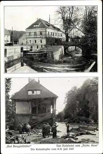 Ak Berggießhübel in Sachsen, Badehotel zum sächsischen Haus, Hochwasser 08./09.07.1927