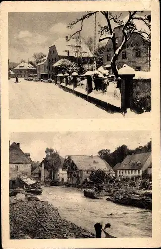 Ak Bad Berggießhübel in Sachsen, Hauptstraße vor und nach Katastrophe 1927, Hochwasser
