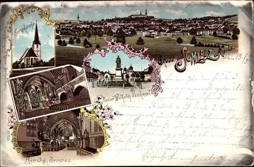 Litho Schleiz im Vogtland Thüringen, Bergkirche, Kaiser Wilhelm Denkmal, Gesamtansicht