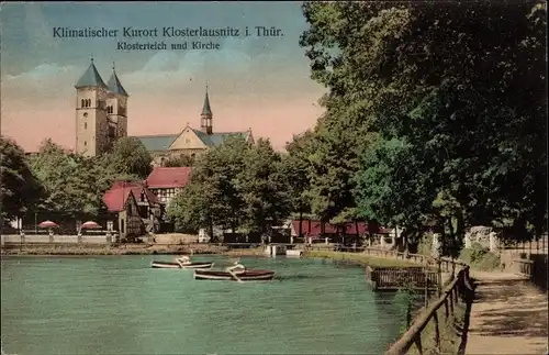 Ak Bad Klosterlausnitz in Thüringen, Klosterteich und Kirche, Ruderboote