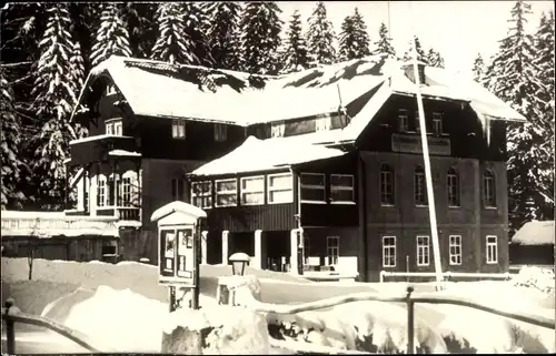 Ak Waldbärenburg Bärenburg Altenberg Erzgebirge, Ferienheim Schäfermühle VEB Rafena Radeberg, Winter