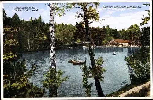 Ak Grillenburg Tharandt im Erzgebirge, Seerenteichbaude im Tharandter Wald, Seepartie mit Boot