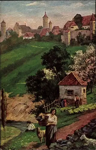 Künstler Ak Rothenburg ob der Tauber Mittelfranken, Blick von der alten Burg