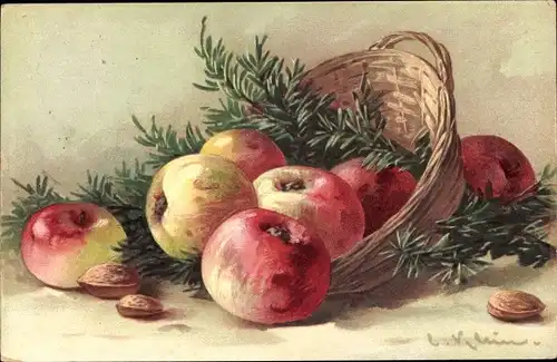 Künstler Ak Klein, Catharina, Äpfel mit einem Weidenkorb, Mandeln