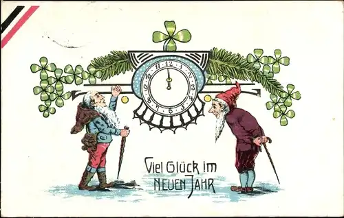 Ak Glückwunsch Neujahr, Zwerge, Uhr, Kleeblätter