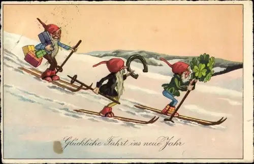 Ak Glückwunsch Neujahr, Zwerge fahren Ski, Kleeblätter, Hufeisen