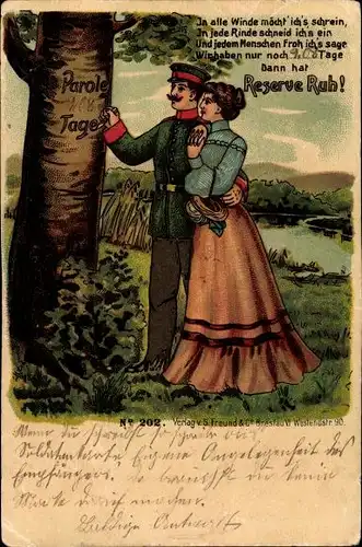 Litho Dienstzeit Reserve, Soldat mit Frau im Arm ritzt verbleibende Tage in Baum
