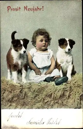 Ak Glückwunsch Neujahr, Kind und zwei junge Hunde