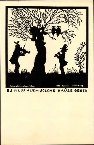 Scherenschnitt Ak Sachse Schubert, Es muss auch solche Kauze geben, Musiker, Eulen