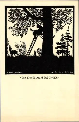 Scherenschnitt Ak Sachse Schubert, W., Der eingeschlafene Jäger