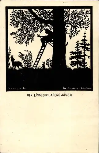 Scherenschnitt Ak Sachse Schubert, W., Der eingeschlafene Jäger