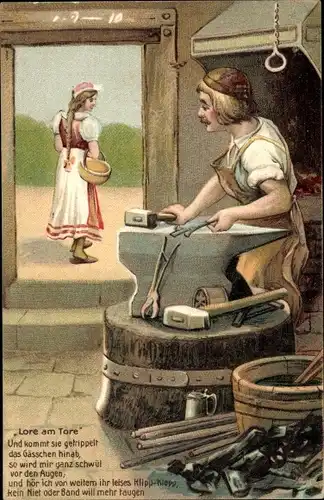Präge Ak Lore am Tore, Schmied am Amboss, Liebespaar