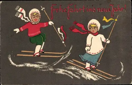 Ak Glückwunsch Neujahr, Kinder fahren Ski