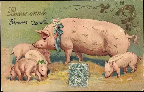 Präge Litho Glückwunsch Neujahr, Schweine-Familie, Hufeisen, Glücksklee